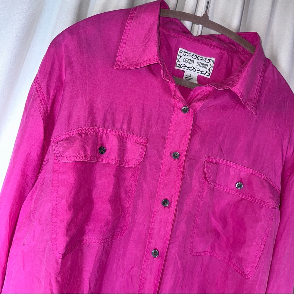 Vintage Leena Studio‎ 90s 100% Silk Shirt Top Blouse Lagenlook Abstract Art EUC